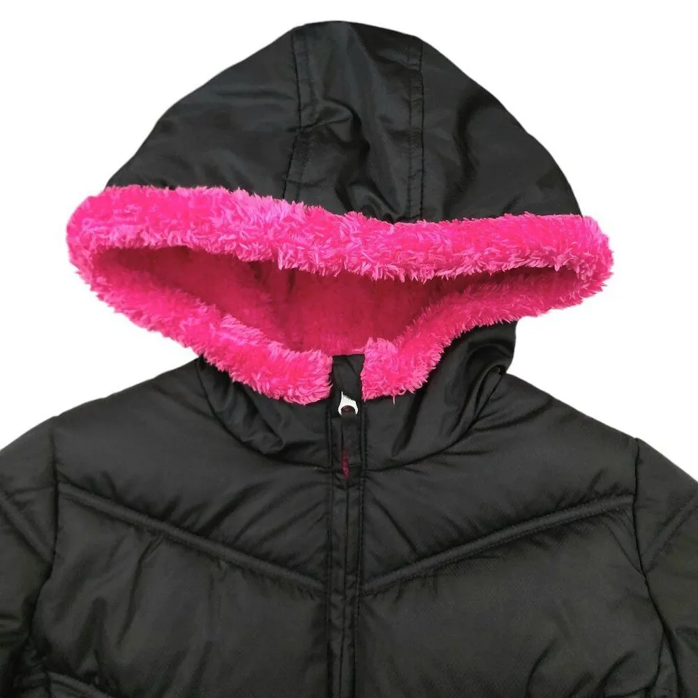 Faded Glory Puffer Jacket Youth XL 14/16 Black Pink Hooded Full Zip Fleece Warm